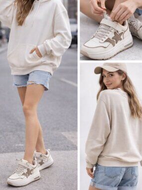 Beige Chunky Sneakers Star Detail Platform Casual Shoes Women Size 6.5 / EU 37